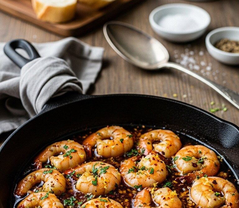 Sizzling Spicy Garlic Butter Shrimp With Crusty Bread