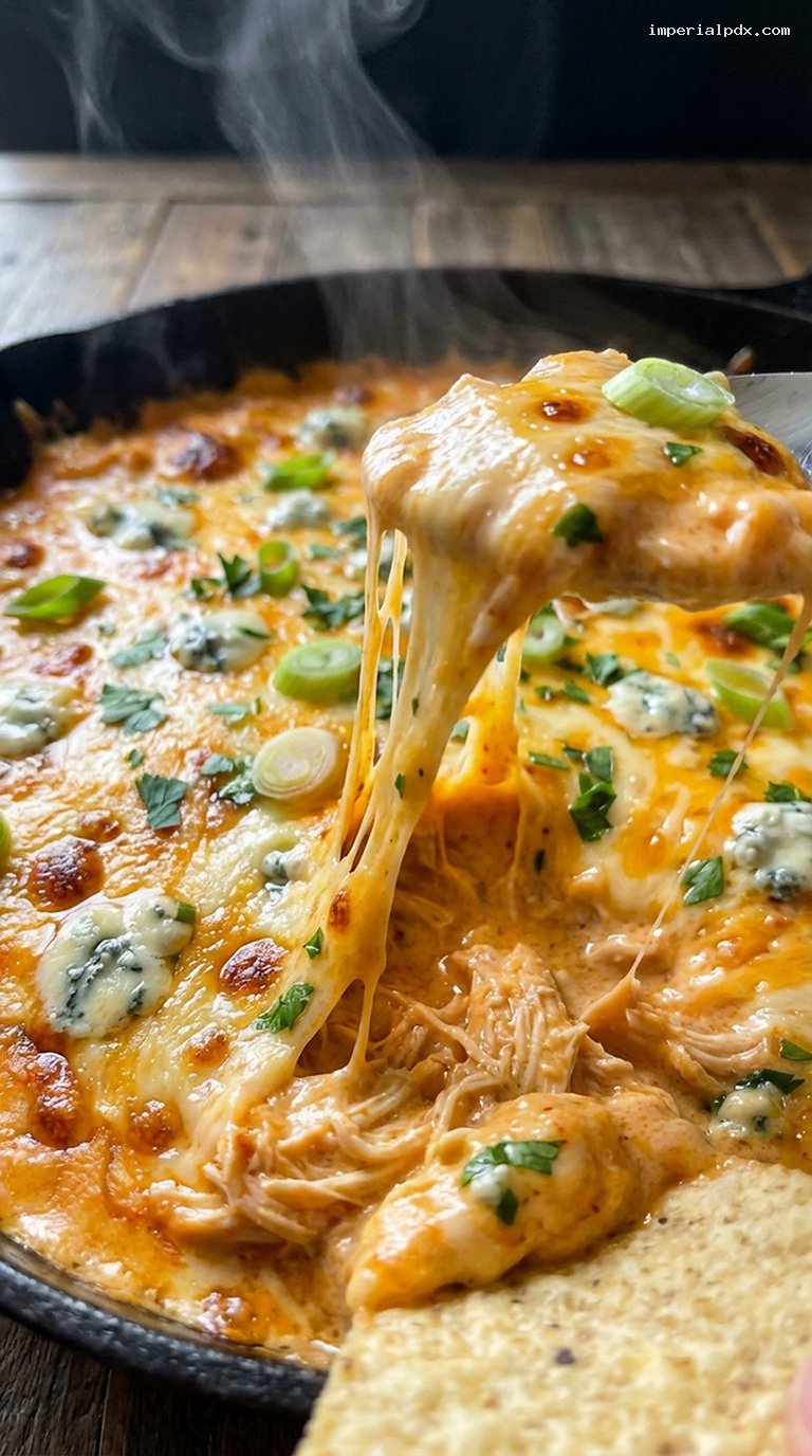 Skillet Buffalo Chicken Dip With Ranch and Blue Cheese – Closeup
