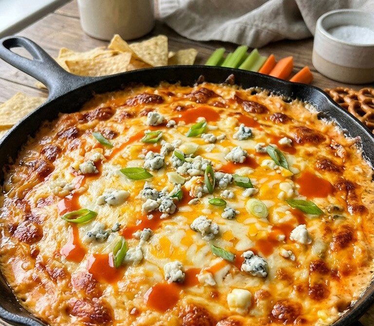 Skillet Buffalo Chicken Dip With Ranch and Blue Cheese