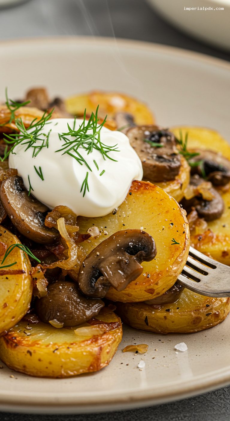 Skillet-Fried Potatoes and Mushrooms with Dill and Sour Cream – Closeup
