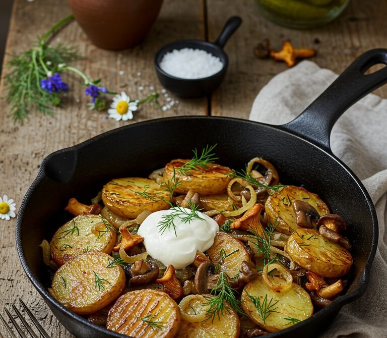 Skillet-Fried Potatoes and Mushrooms with Dill and Sour Cream