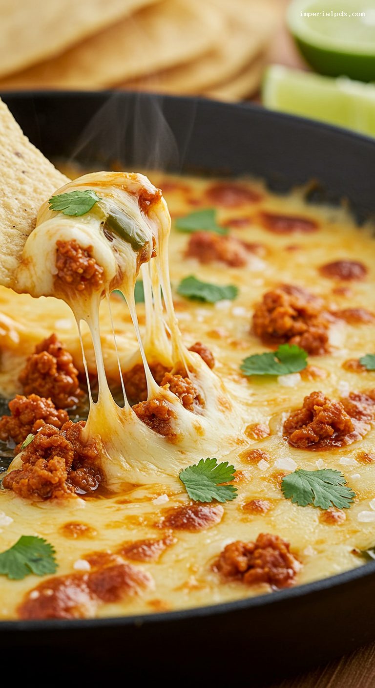 Skillet Queso Fundido with Chorizo and Poblanos – Closeup