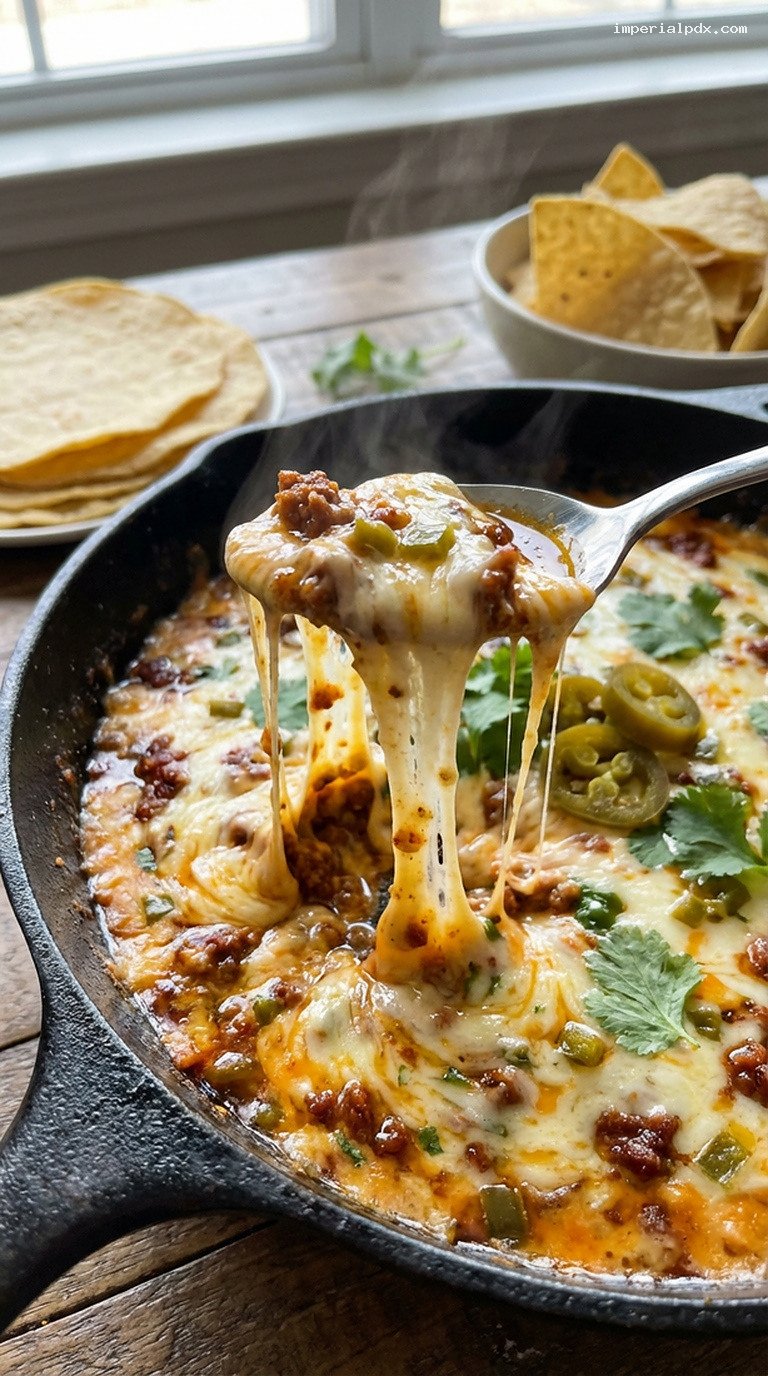 Skillet Queso Fundido with Chorizo and Warm Tortillas – Closeup