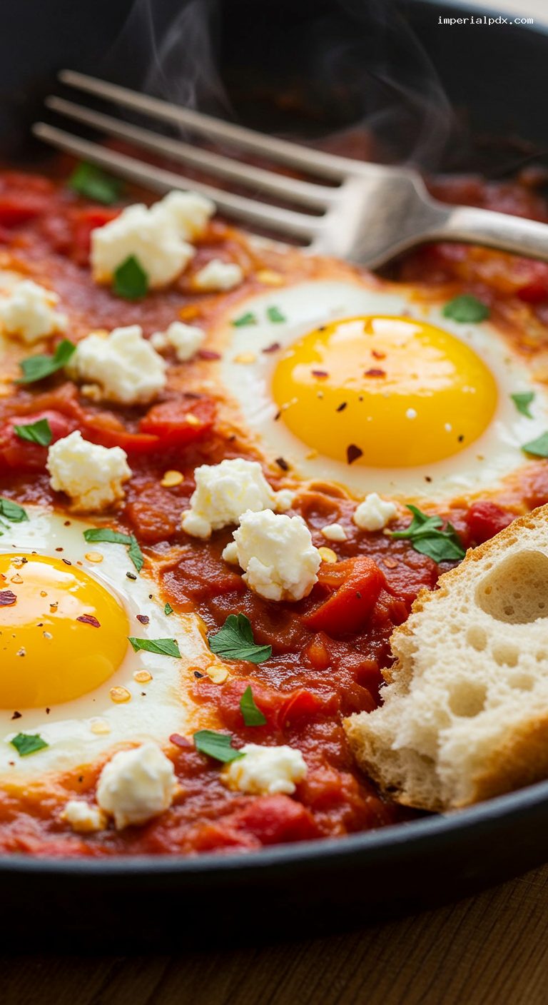 Skillet Shakshuka with Feta and Herbs – Closeup