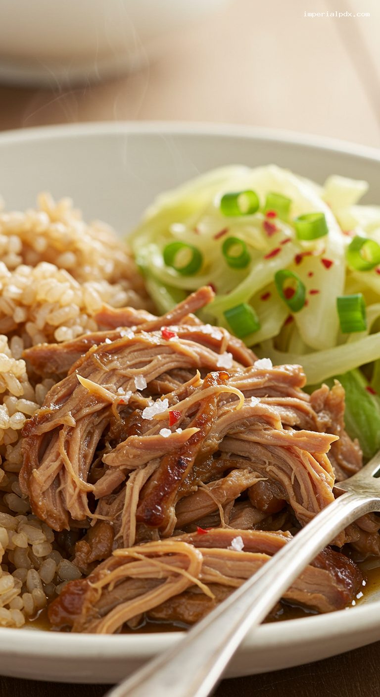 Slow-Cooked Kalua Turkey with Cabbage and Rice – Closeup
