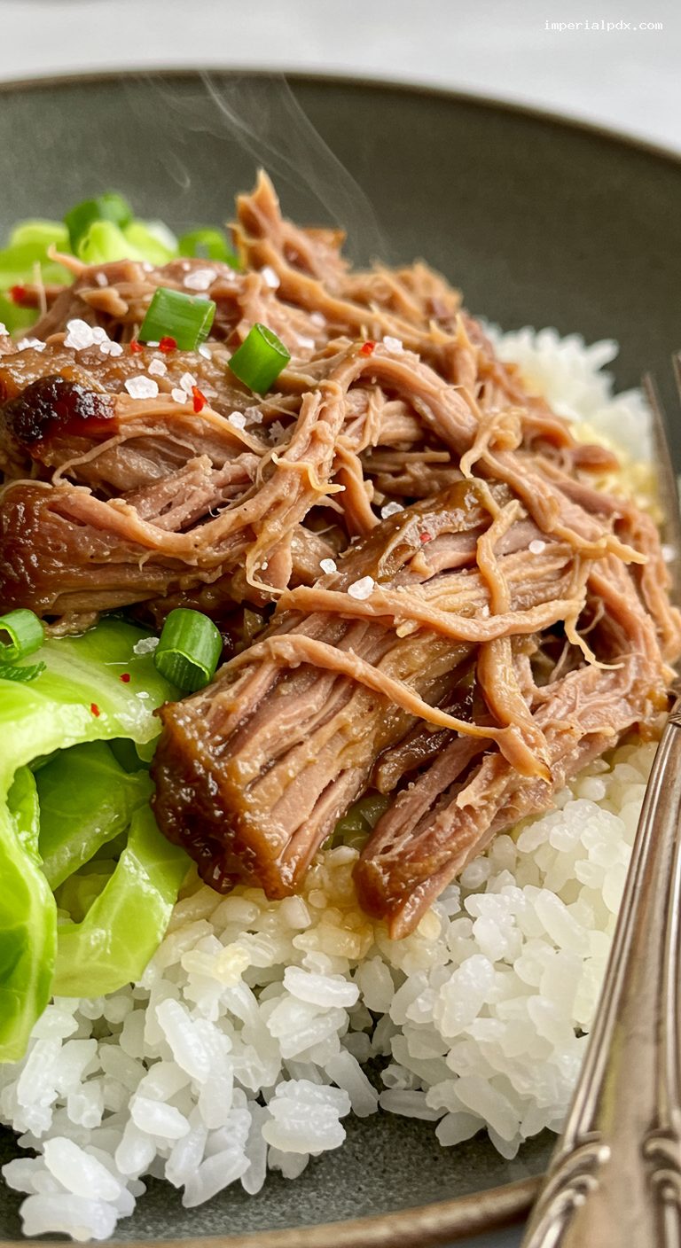 Slow-Cooker Kalua Pork with Cabbage and Rice – Closeup