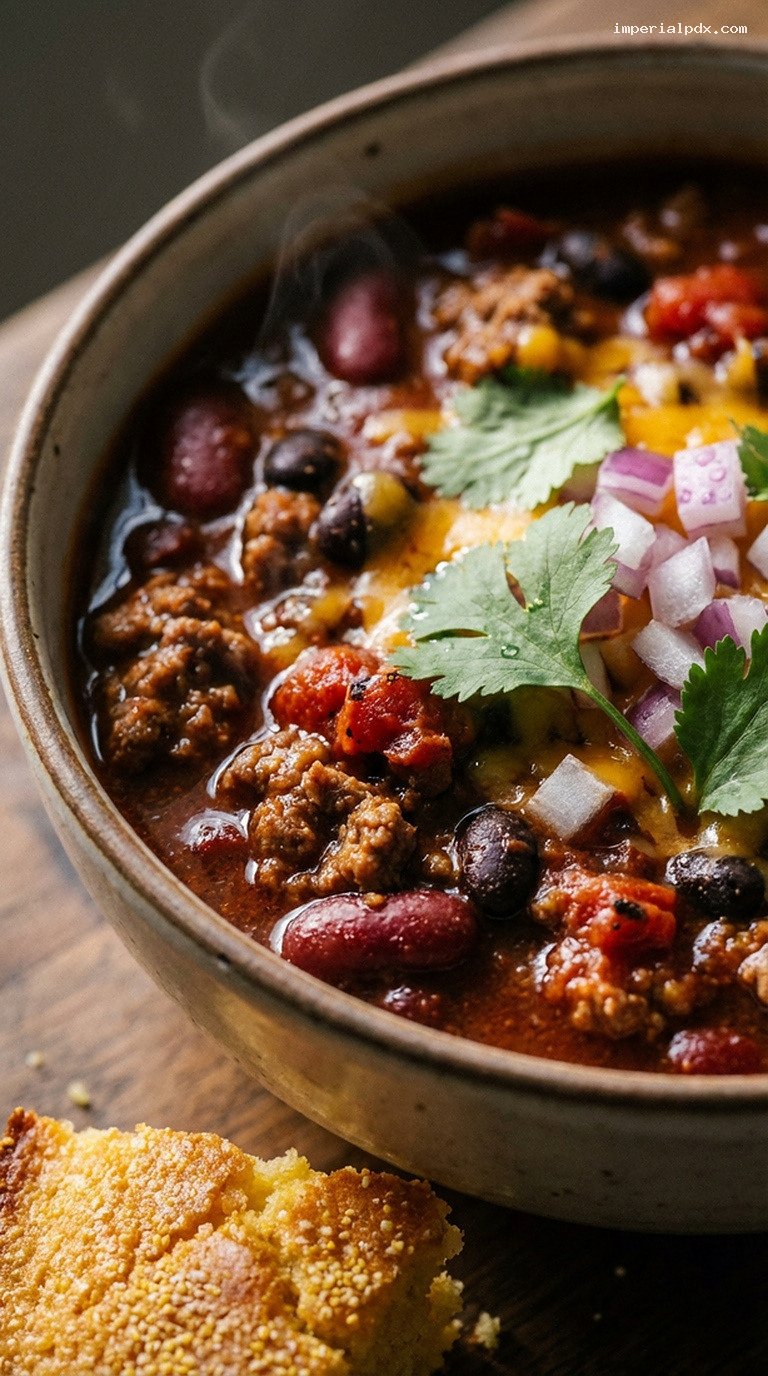 Slow-Simmered Beef and Bean Chili with Cornbread – Closeup
