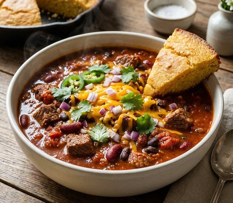 Slow-Simmered Beef and Bean Chili with Cornbread