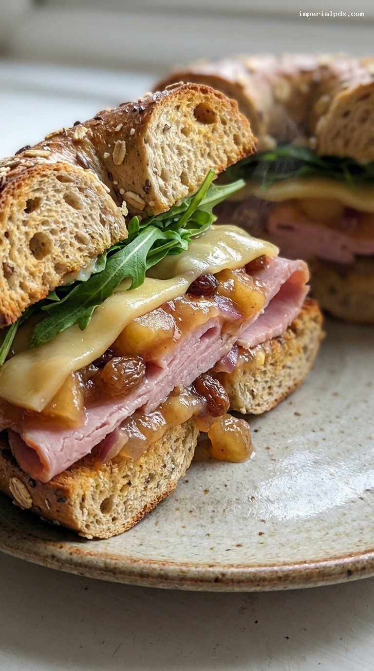 Smoked Cheddar and Ham Bagel with Apple Chutney – Closeup
