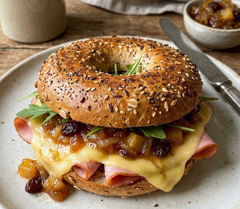 Smoked Cheddar and Ham Bagel with Apple Chutney