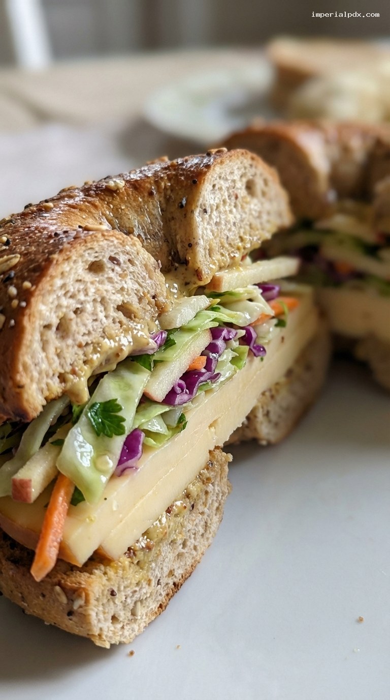 Smoked Gouda and Apple Slaw Bagel Sandwich – Closeup