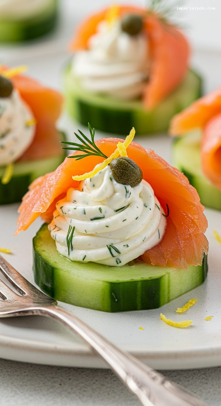Smoked Salmon Cucumber Rounds with Herbed Cream Cheese – Closeup