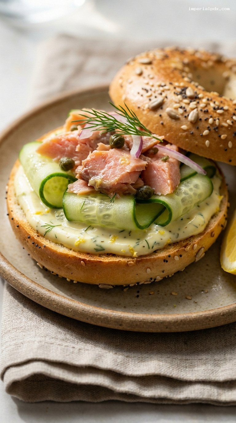 Smoked Trout and Cucumber Dill Bagels with Lemony Yogurt – Closeup