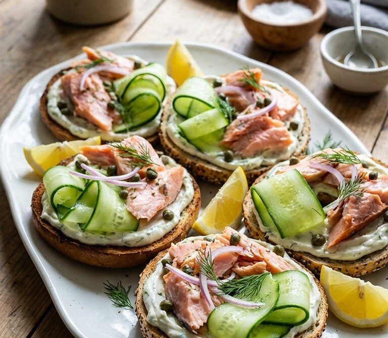 Smoked Trout and Cucumber Dill Bagels with Lemony Yogurt