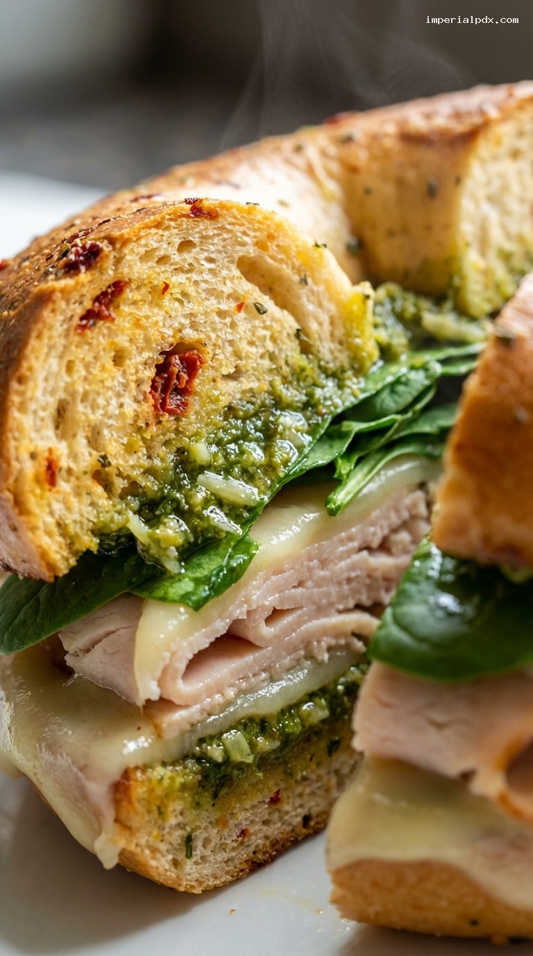 Smoked Turkey Pesto Bagel with Spinach and Provolone – Closeup