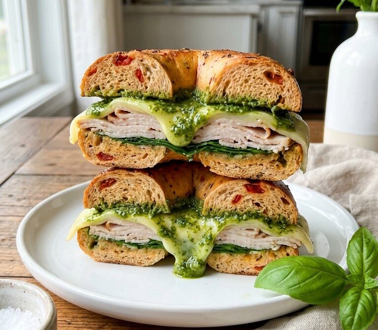 Smoked Turkey Pesto Bagel with Spinach and Provolone