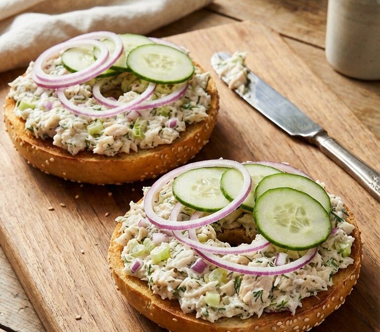 Smoked Whitefish Salad Bagel with Onion and Cucumber