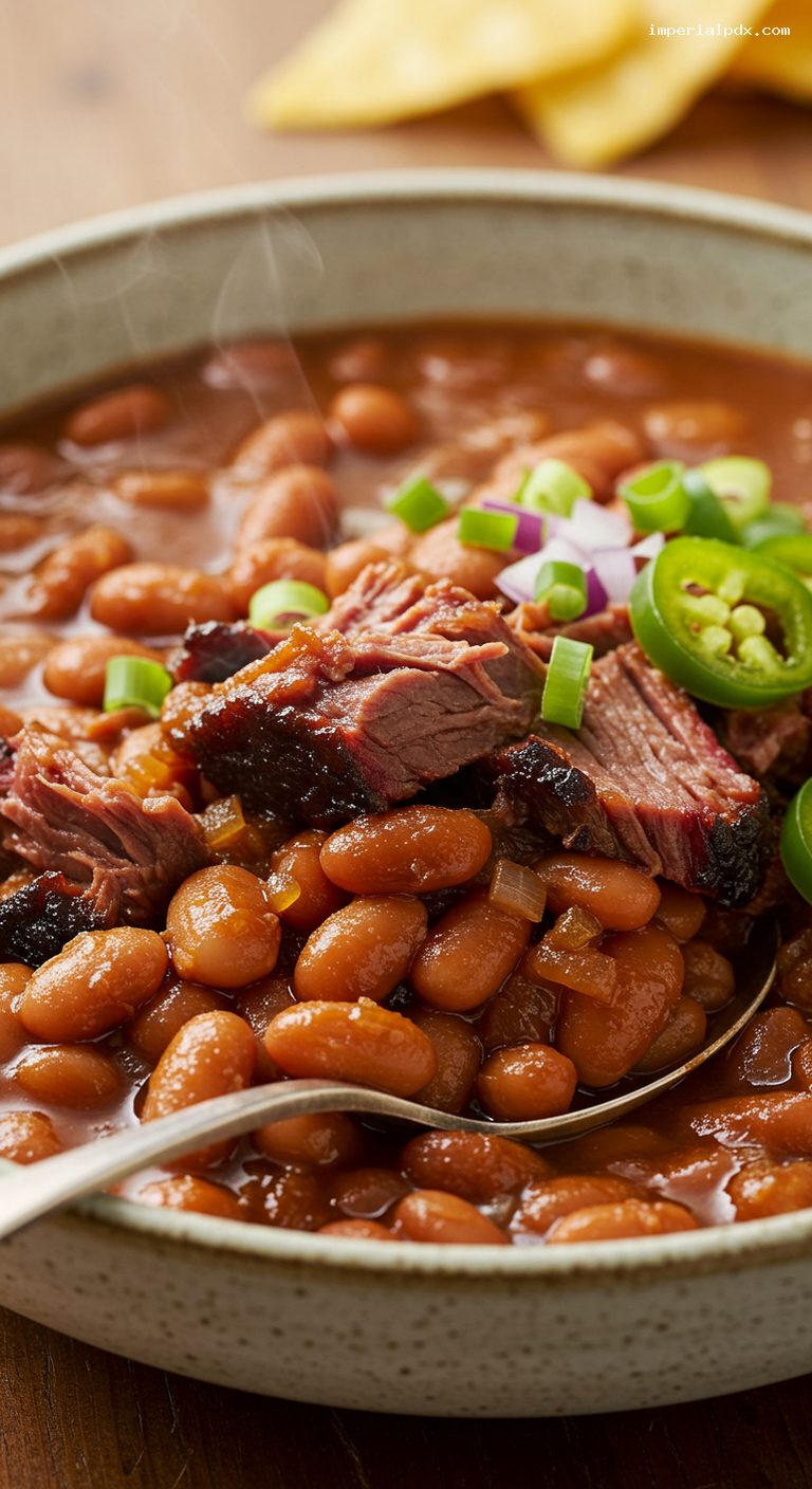 Smoky BBQ Pinto Beans with Brisket Trimmings – Closeup