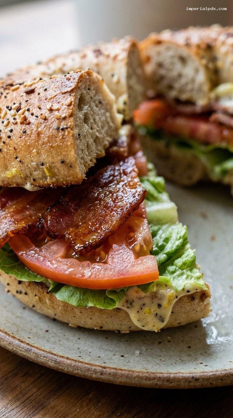 Smoky BLT Everything Bagel With Lemon-Pepper Mayo – Closeup