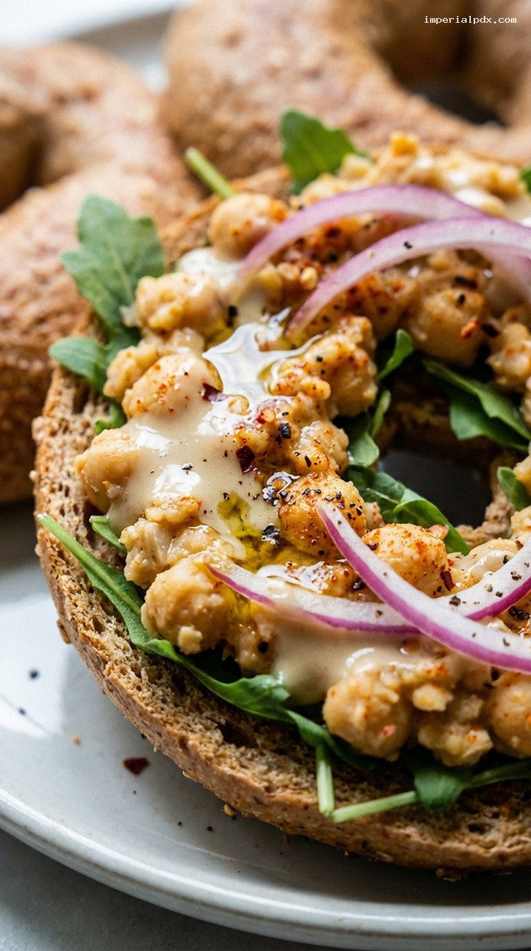 Smoky Chickpea Bagel with Lemon-Tahini and Arugula – Closeup
