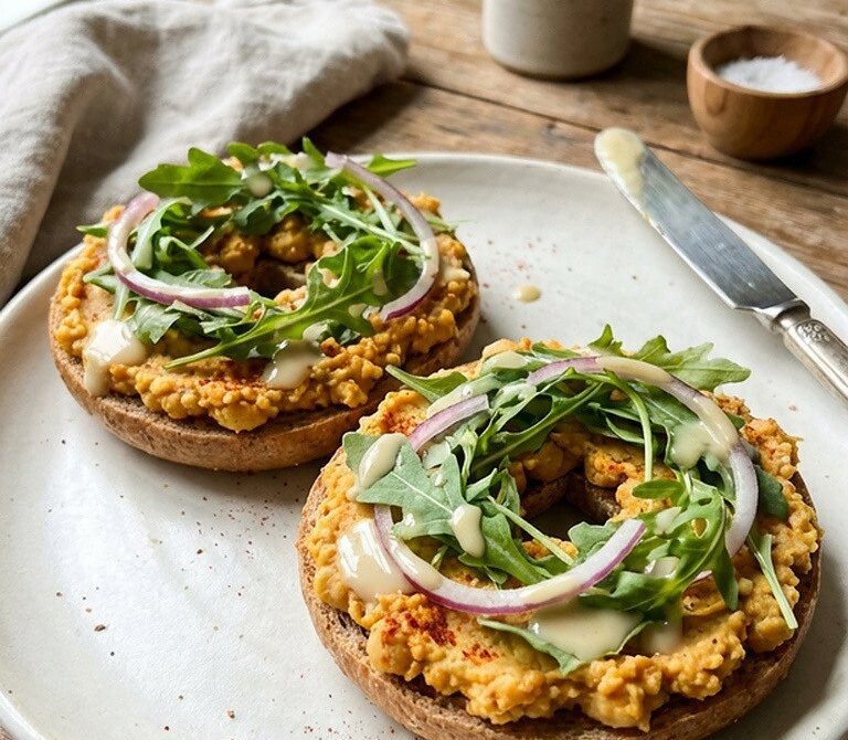 Smoky Chickpea Bagel with Lemon-Tahini and Arugula