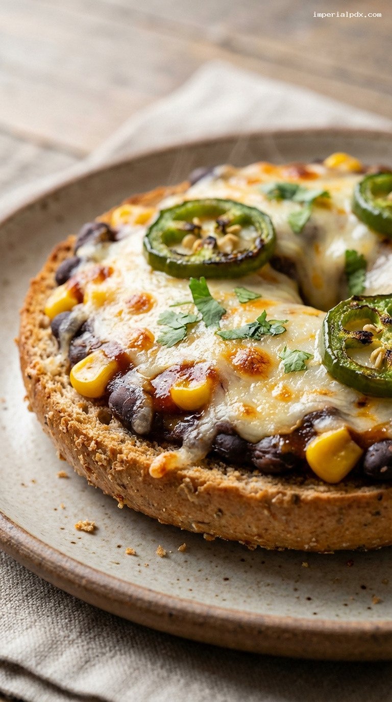 Smoky Chipotle Black Bean Bagel Melt – Closeup