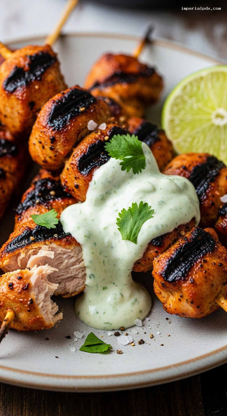 Smoky Chipotle-Lime Chicken Skewers With Cilantro Crema – Closeup