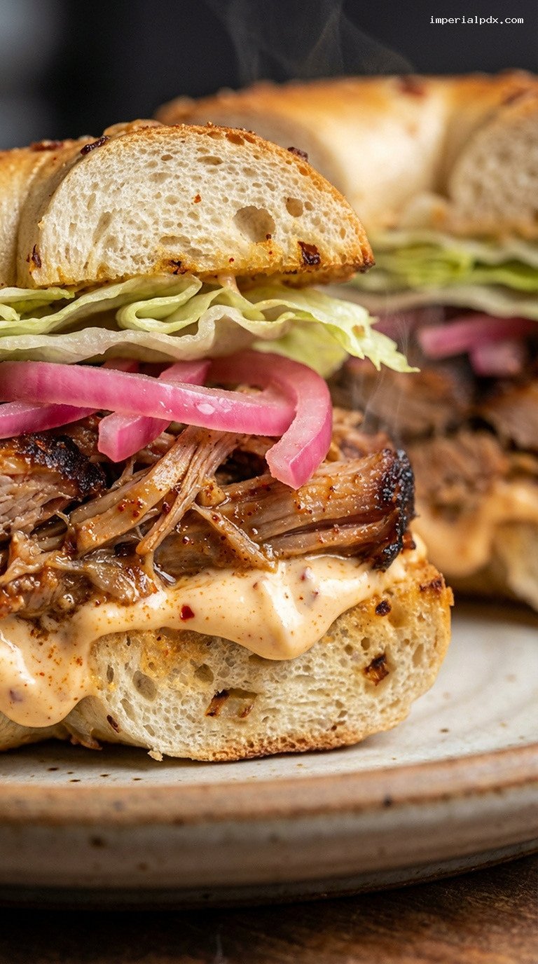 Smoky Pulled Pork Bagel – Closeup