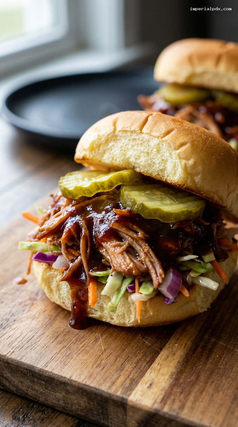 Smoky Pulled Pork Sliders with Tangy Slaw and Pickles – Closeup