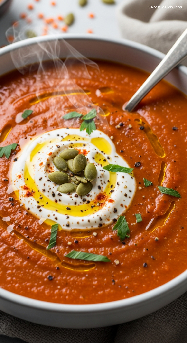 Smoky Roasted Red Pepper and Lentil Soup – Closeup