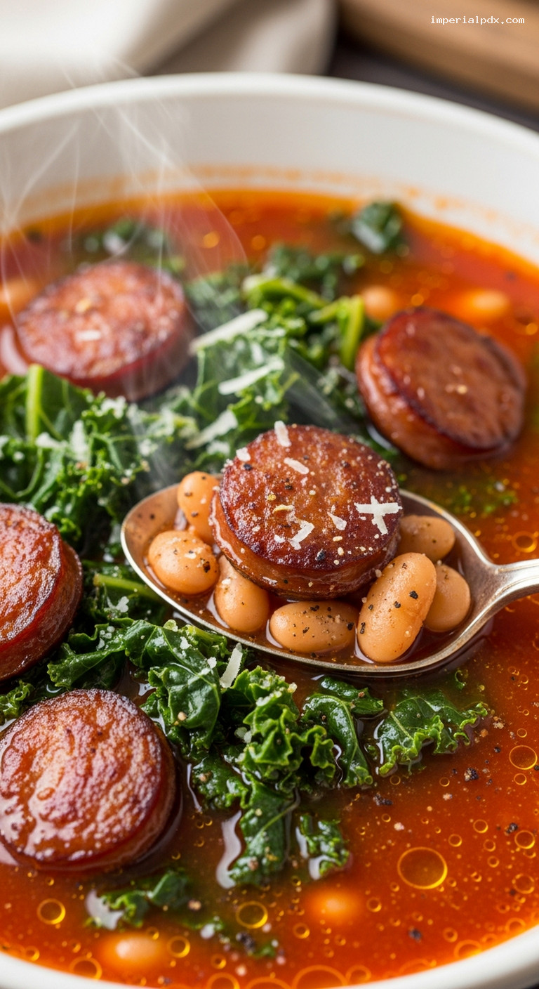 Smoky Sausage and Kale Soup with Cannellini Beans – Closeup
