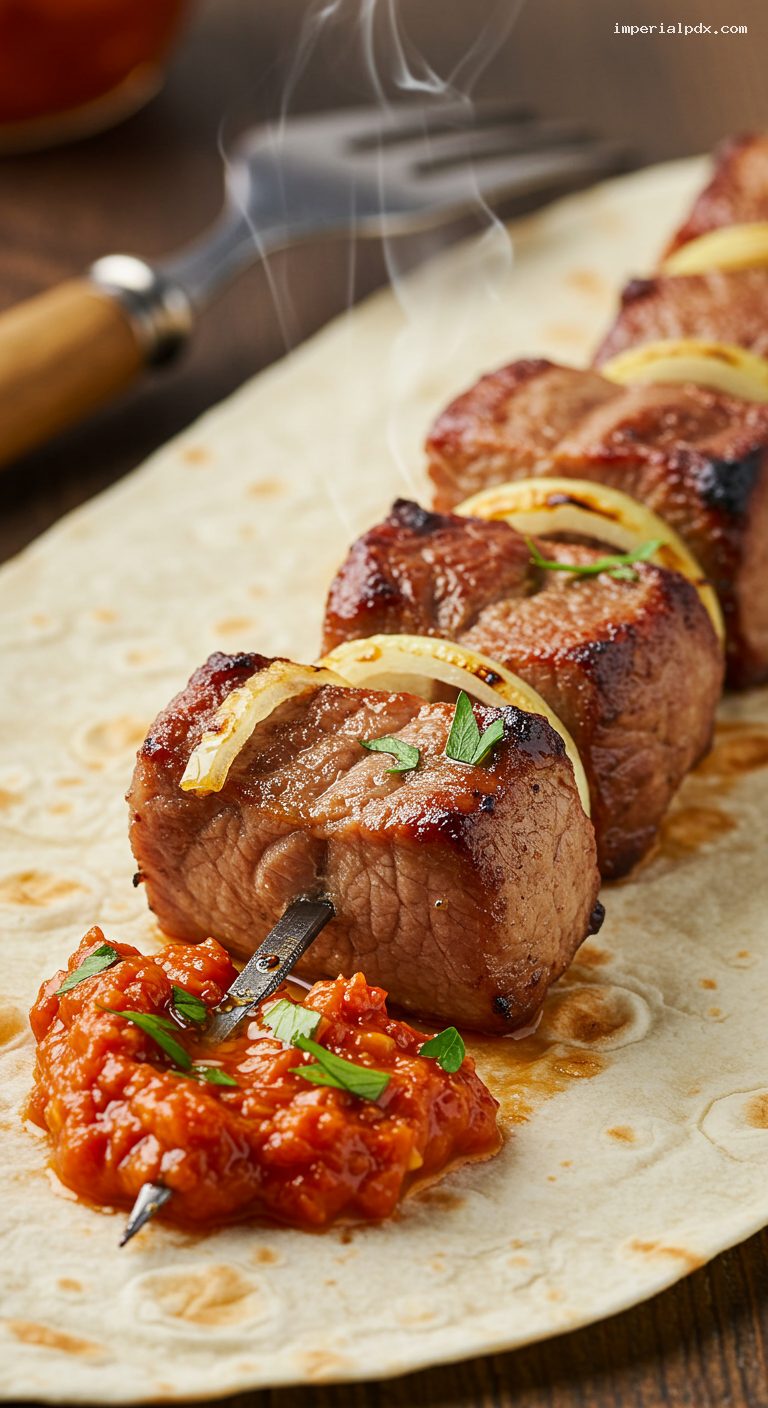 Smoky Shashlik Skewers with Adjika and Herbs – Closeup