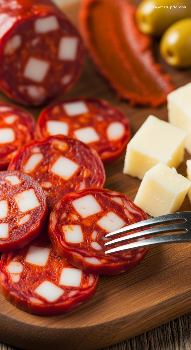 Smoky Spanish Chorizo With Manchego and Olives – Closeup