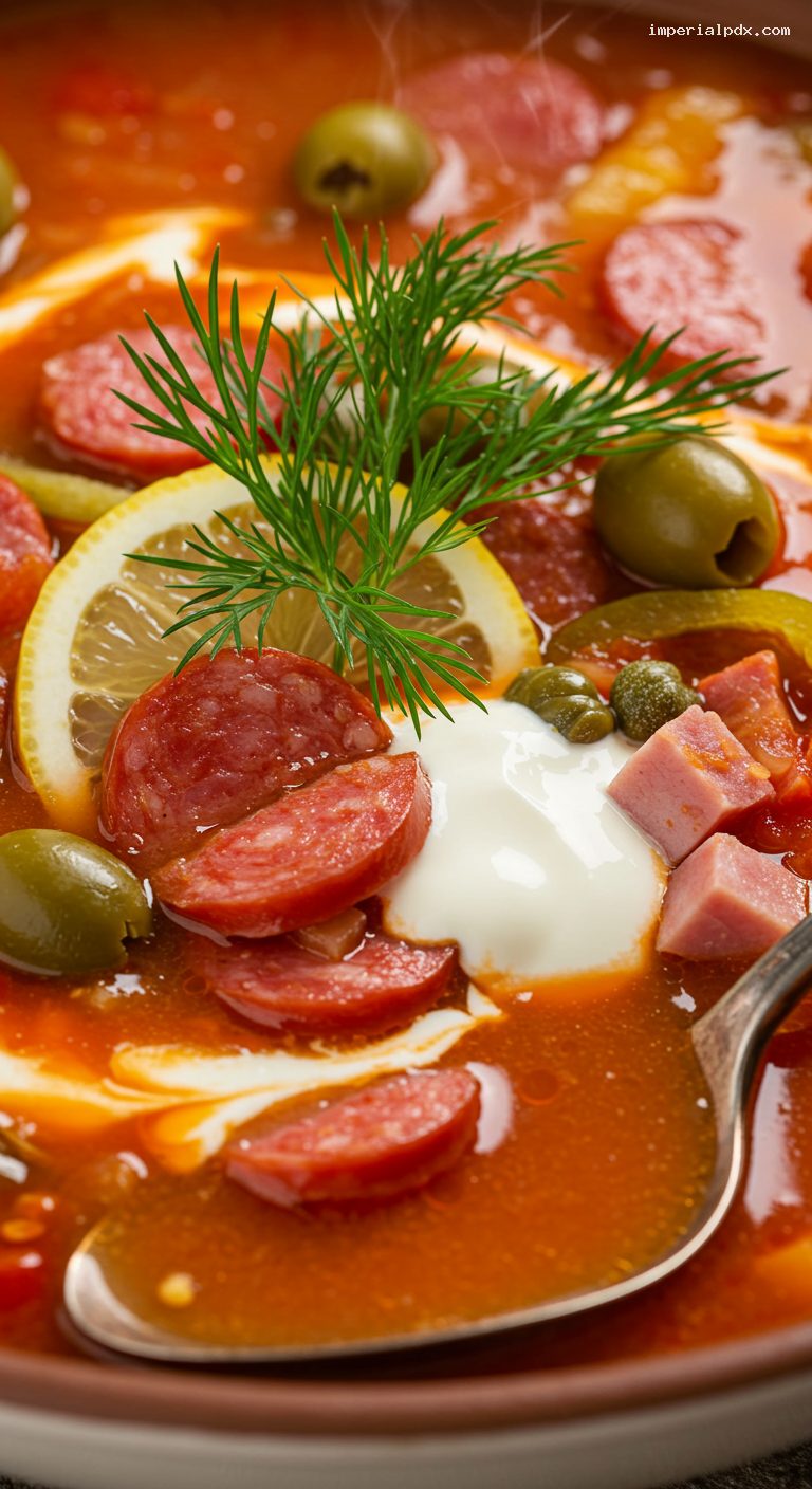 Smoky-Tangy Solyanka Soup with Cured Meats – Closeup