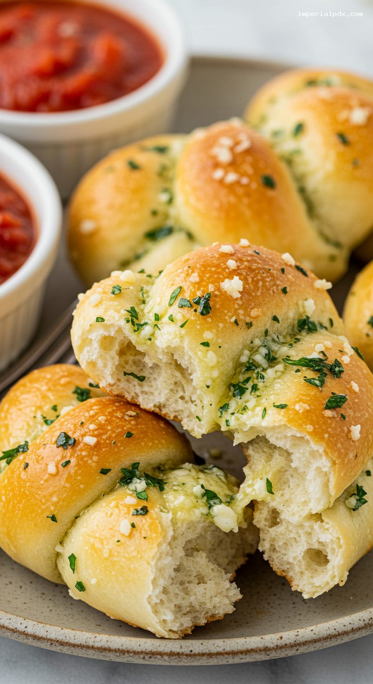 Soft-Chewy Garlic Knots with Herby Parmesan Butter – Closeup