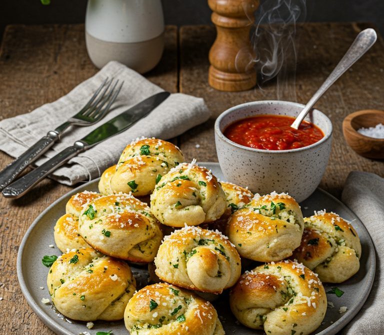 Soft-Chewy Garlic Knots with Herby Parmesan Butter
