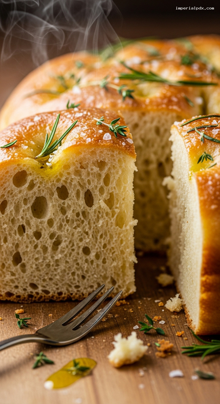 Soft Herbed Focaccia Loaf with Olive Oil and Sea Salt – Closeup