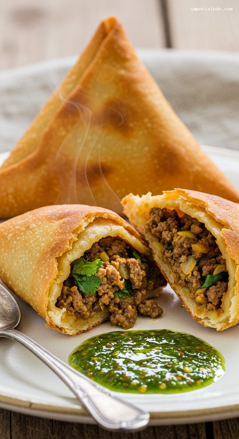 Somali Beef Sambusas with Spicy Basbaas Sauce – Closeup