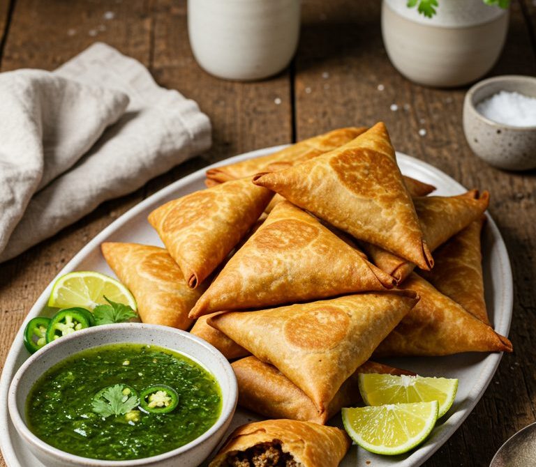 Somali Beef Sambusas with Spicy Basbaas Sauce