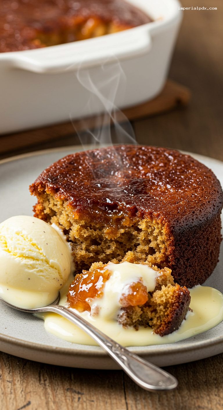 South African Malva Pudding with Buttery Cream Sauce – Closeup