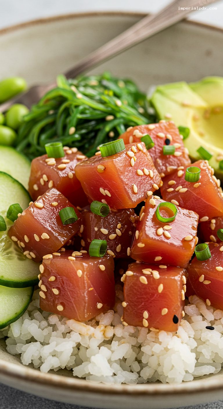 Soy-Sesame Ahi Poke Bowl with Avocado and Rice – Closeup