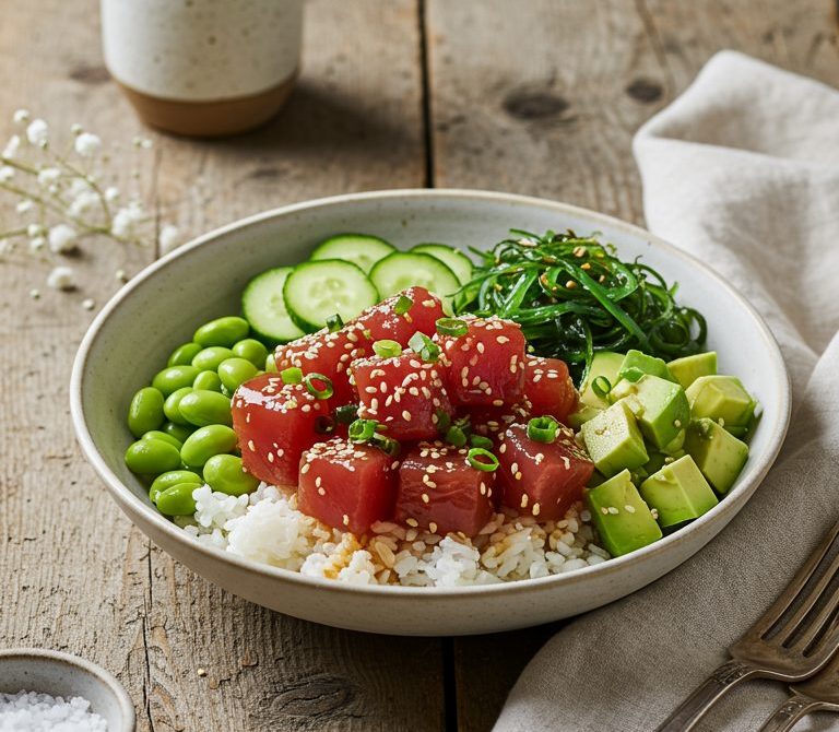 Soy-Sesame Ahi Poke Bowl with Avocado and Rice