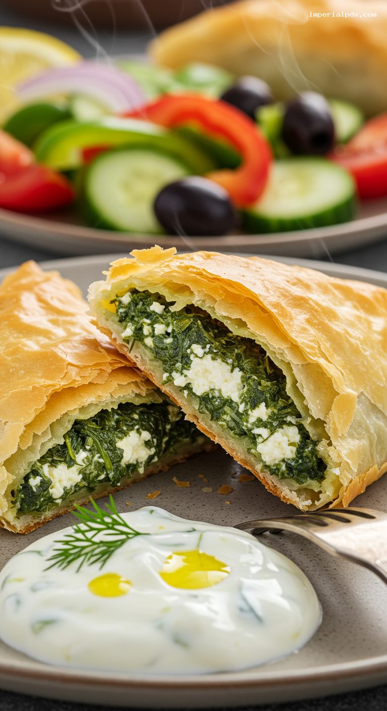 Spanakopita Lunch Plate with Greek Salad and Tzatziki – Closeup