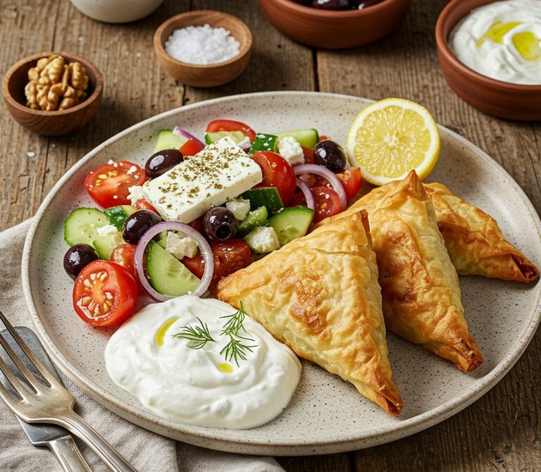 Spanakopita Lunch Plate with Greek Salad and Tzatziki