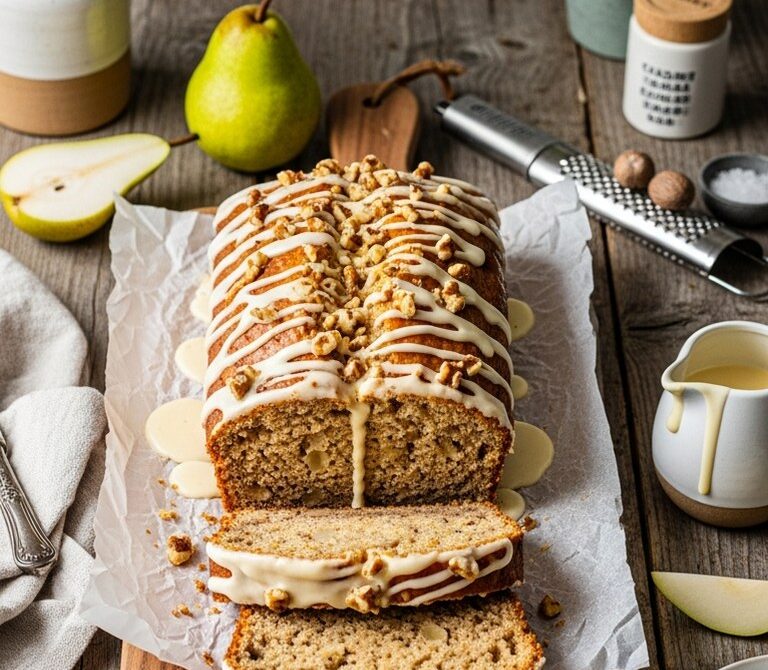 Spiced Pear Bread with Vanilla Glaze and Walnuts