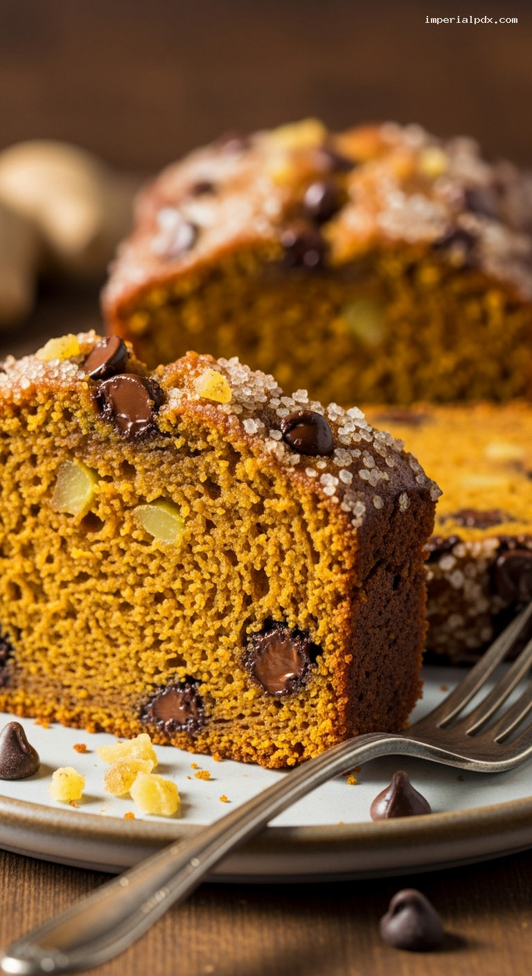 Spiced Pumpkin Ginger Chocolate Chip Loaf – Closeup