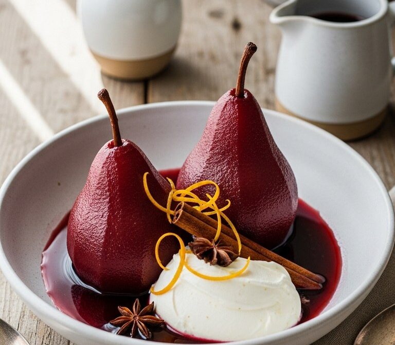 Spiced Red Wine Poached Pears with Mascarpone