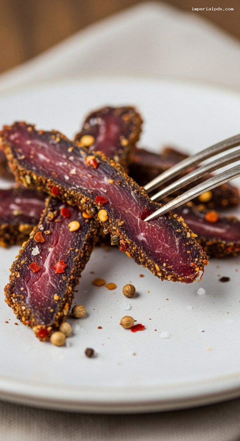 Spicy Beef Biltong-Style Strips With Chili and Coriander – Closeup