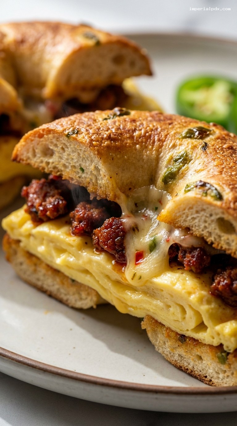 Spicy Chorizo and Pepper Jack Breakfast Bagel – Closeup
