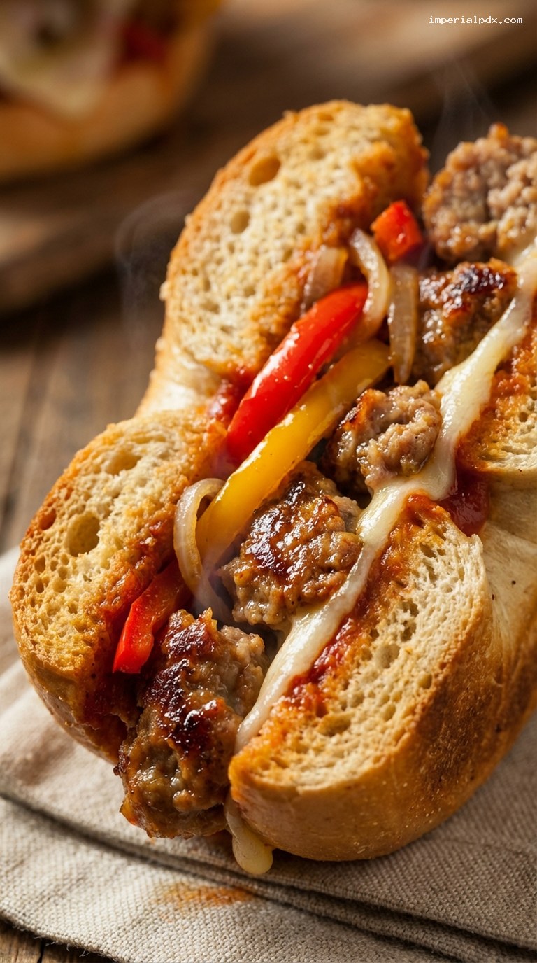 Spicy Italian Sausage and Peppers Bagel Sandwich – Closeup